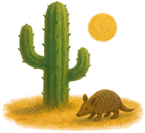 A cactus and an armadillo in the desert sun