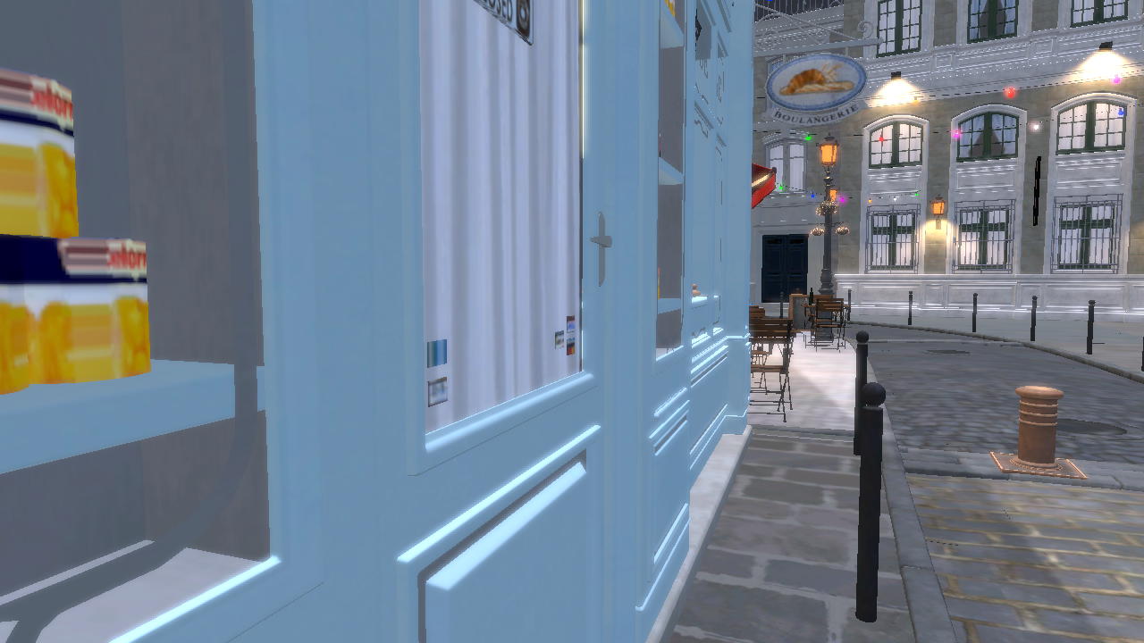 Bistro with fixture lights and directional shadows.