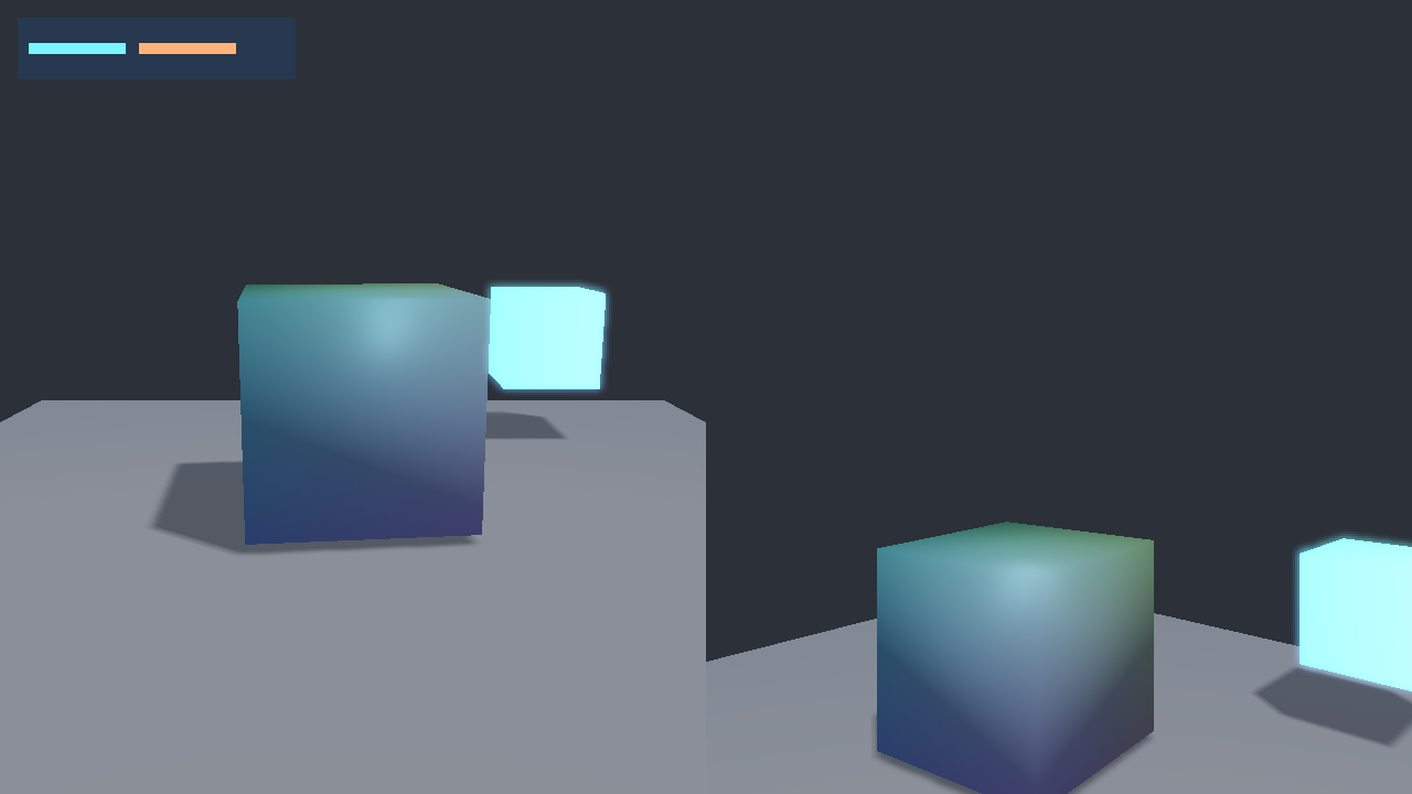 Two camera views of the original cube, floor and emissive mesh.