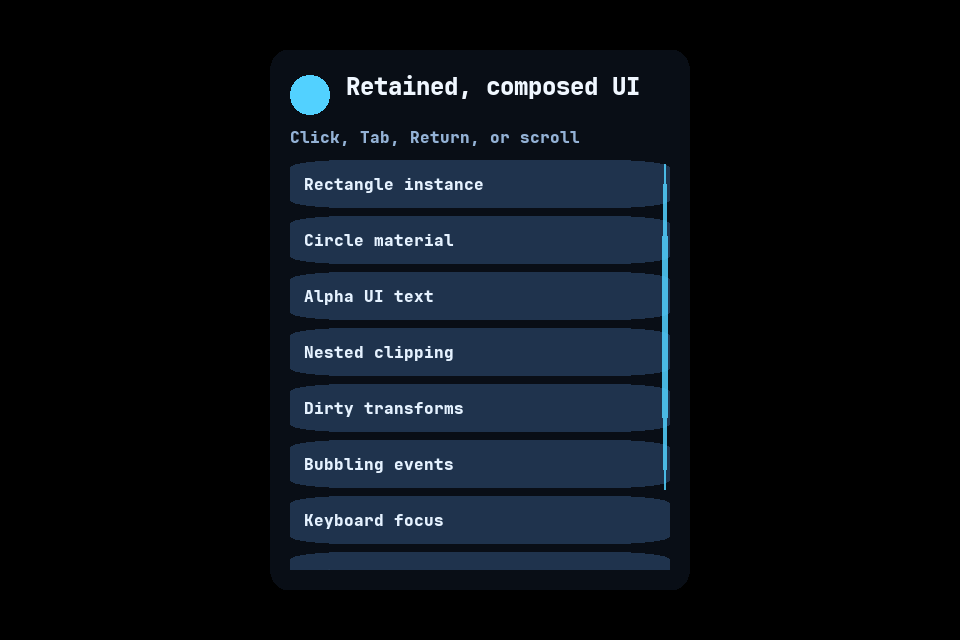 The standalone retained UI example with a centered panel and scrollable controls