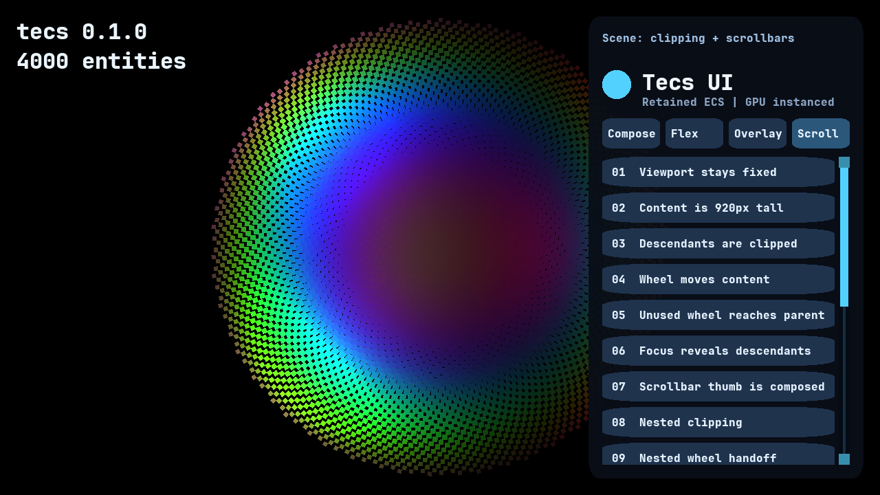 The Scroll demo scene with a fixed clipped viewport, overflowing rows, and a composed block scrollbar